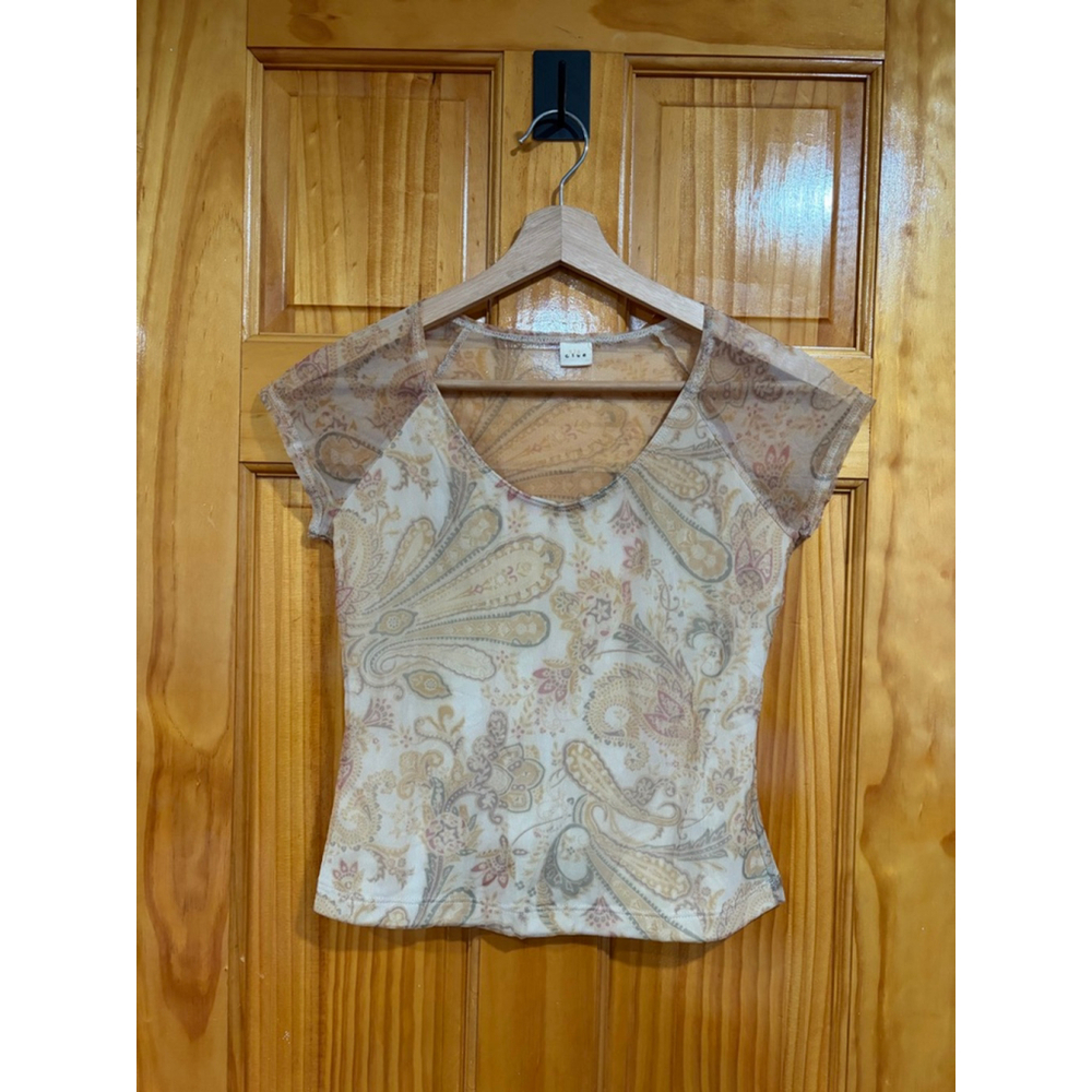 Clue Y2K Sheer Mesh Paisley Top Women’s Small Beige Nude Lined Stretch USA